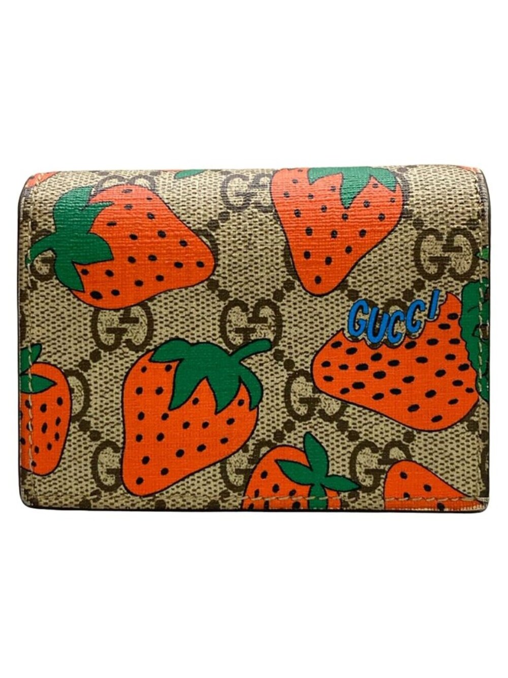 Gucci Bifold Wallet Strawberry Print GG Card Case Beige Red Multi
